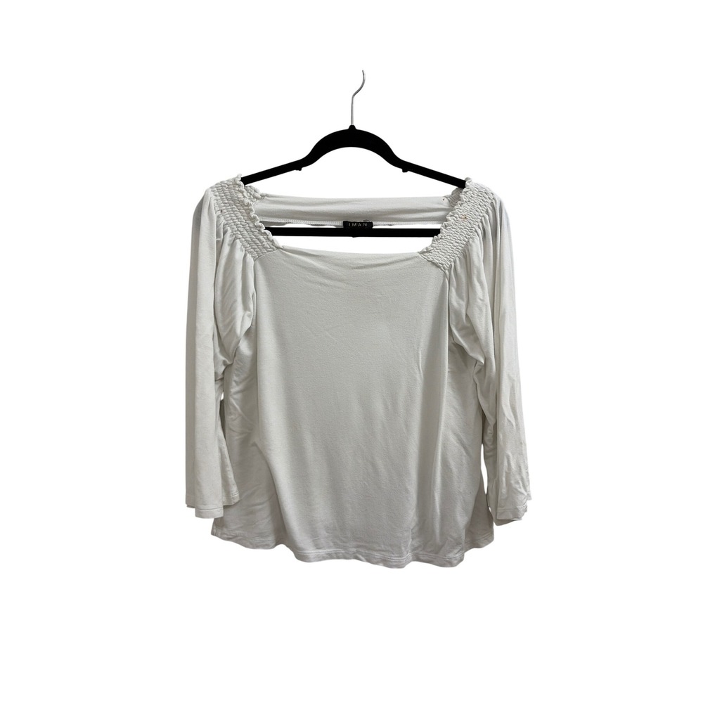 IMAN Global Chic Womens Small White Square Neck Smocked Shoulder Top Bell Sleeve
